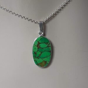 Copper turquoise pendant, green, light weight, oval, set in 92.5 sterling silver, silver chain option, unique