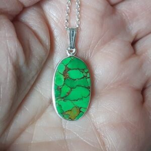 Copper turquoise pendant, green, light weight, oval, set in 92.5 sterling silver, silver chain option, unique
