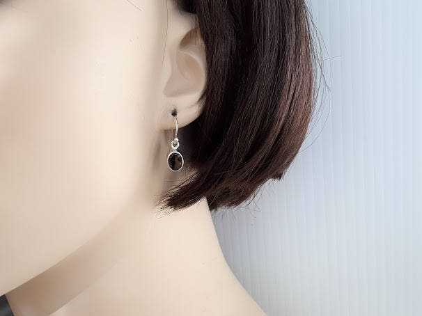Smoky quartz earrings set in sterling silver, faceted gemstone, ear hook option *