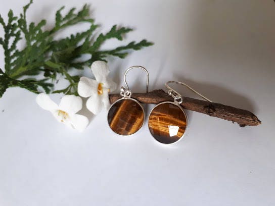 Tiger eye earrings, faceted, set in 92.5 sterling silver, ear hook option @