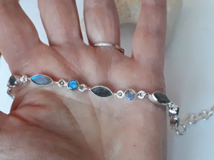 Labradorite bracelet set in 92.5 sterling silver, marquise and round gemstones