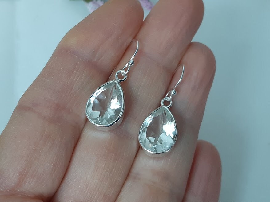 Crystal quartz earrings, faceted, teardrop, set in 92.5 sterling silver