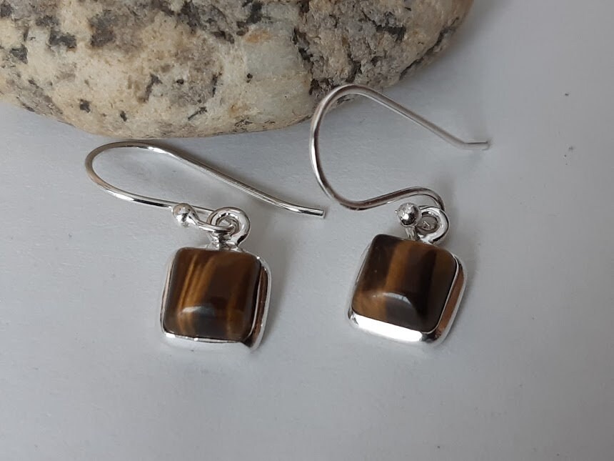 Tiger eye earrings, square gemstones, set in 92.5 sterling silver