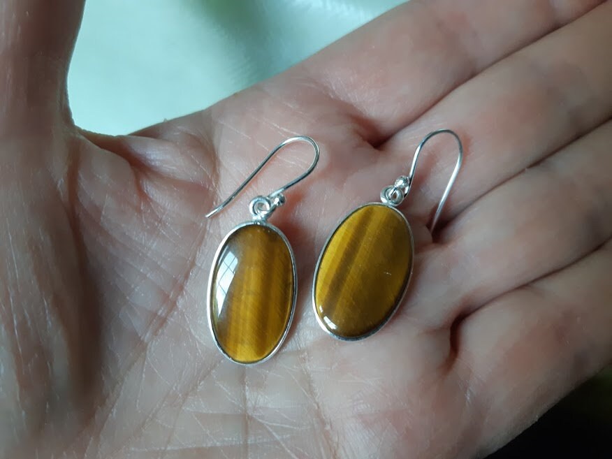 Tiger eye earrings, oval, unique handmade, 92.5 sterling silver