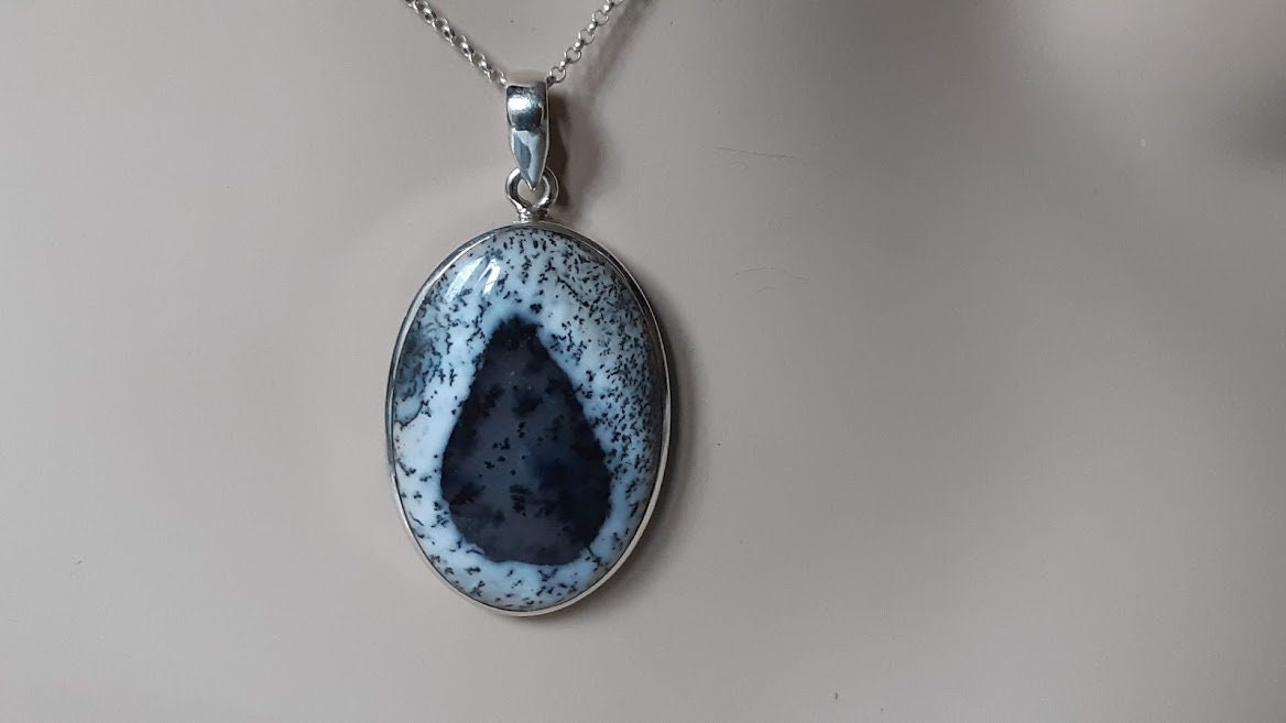 Dendritic agate pendant, large,unique handmade pendant set in 92.5 sterling silver, silver chain option