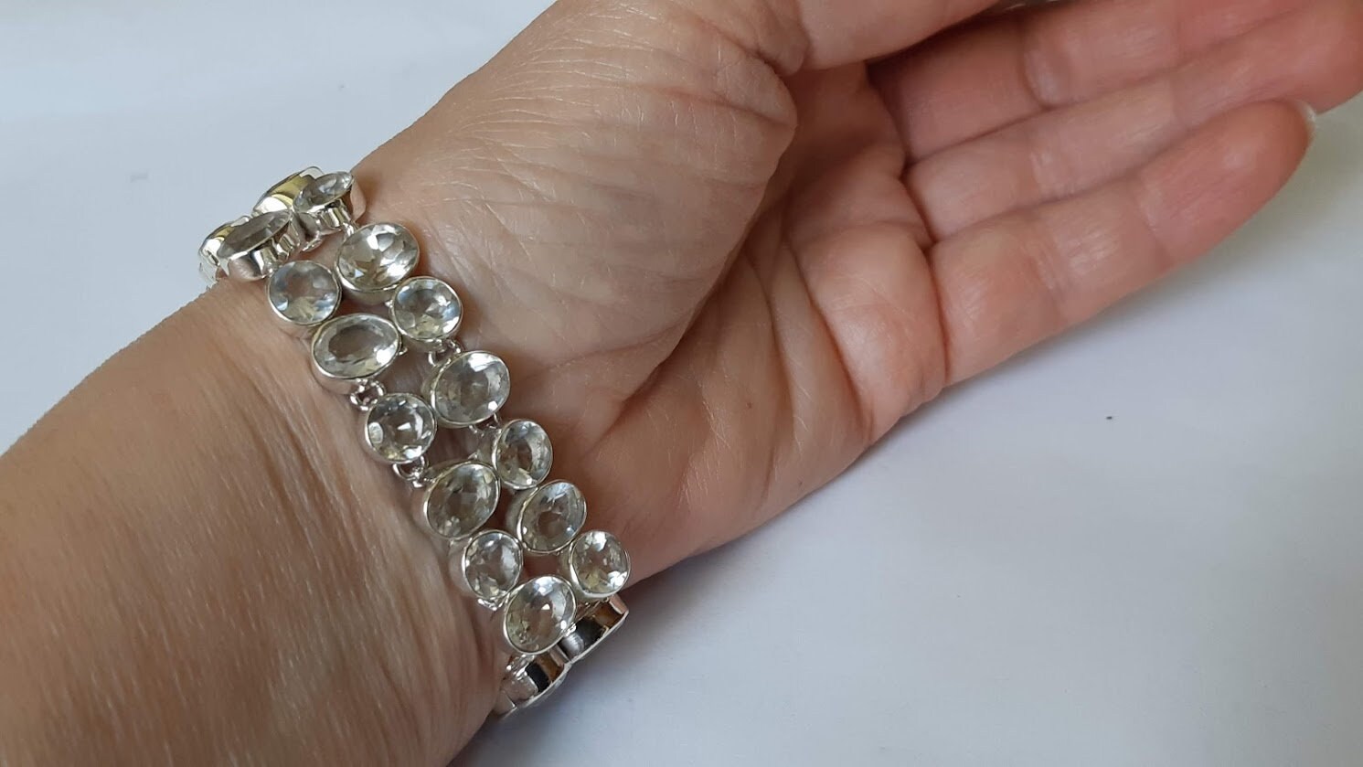 Crystal quartz bracelet, handmade, faceted gemstones set in solid sterling silver