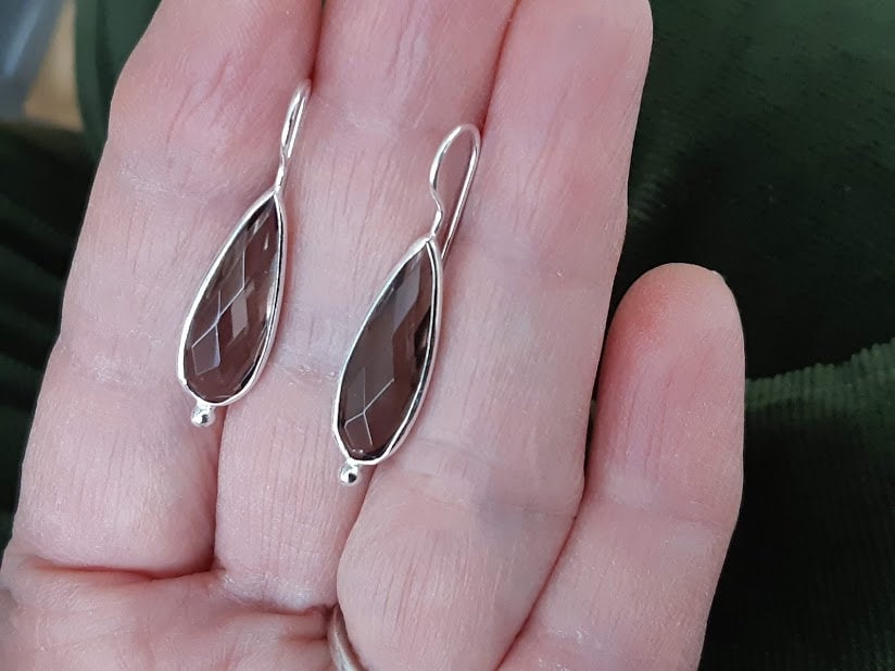 Smoky quartz earrings, faceted, teardrop shape, set in 92.5 sterling silver @