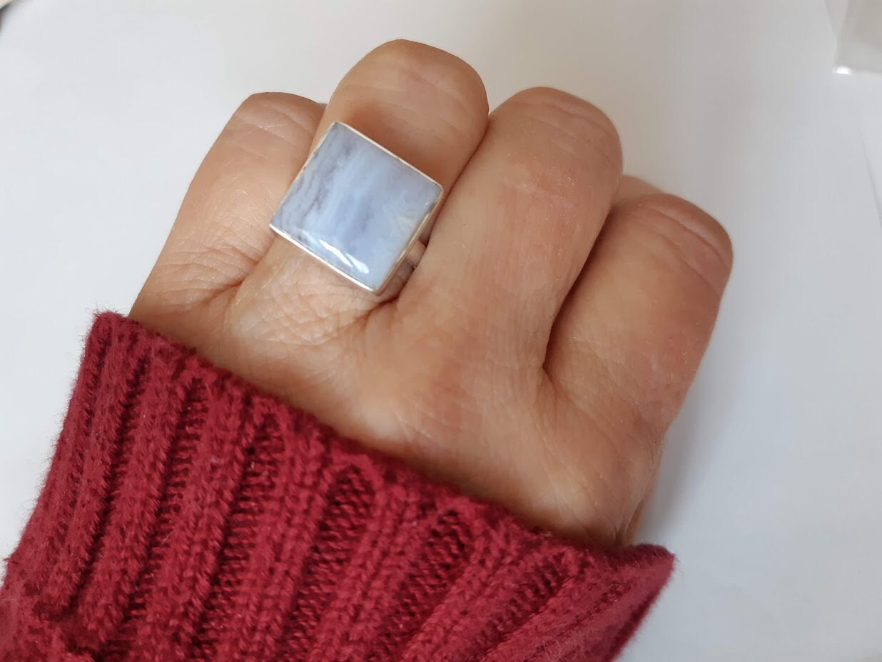 Blue lace agate ring, size 6 (US/Canadian size), 92.5 sterling silver, square handmade ring