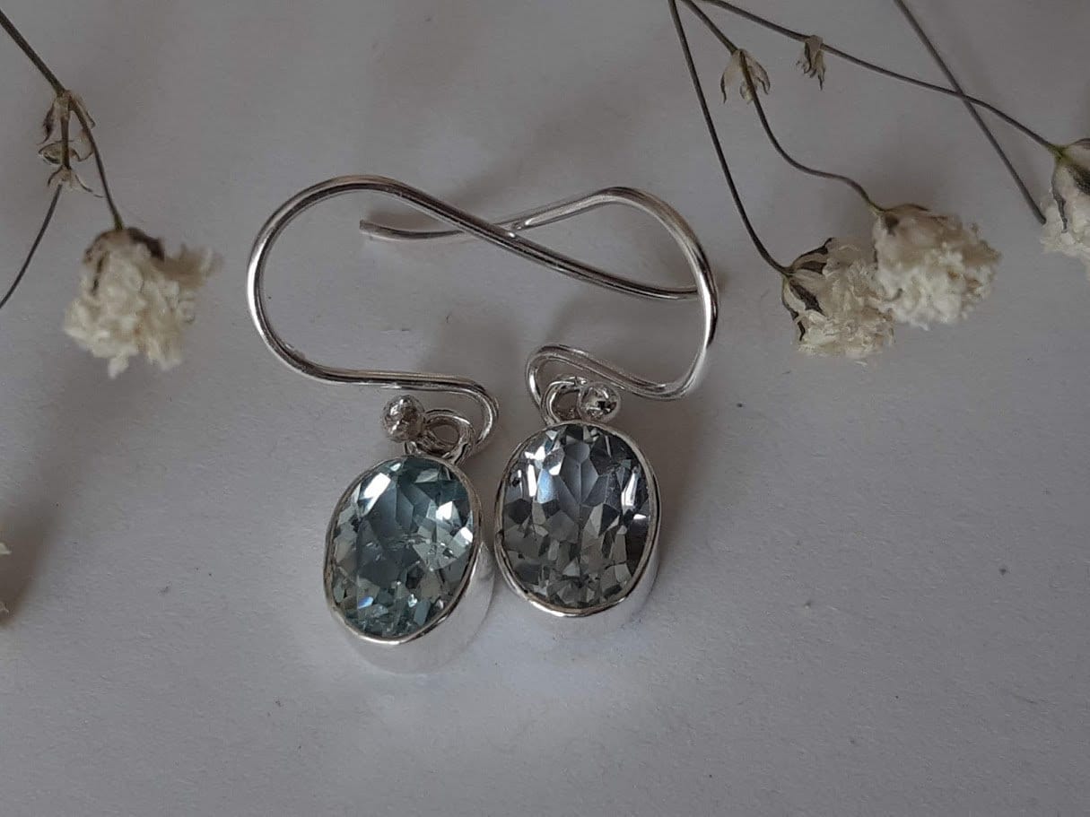 Blue topaz earrings, 92.5 sterling silver, faceted gemstones,ear hook option *