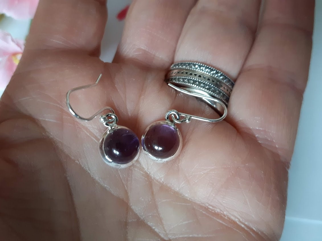 Amethyst earrings; round gemstone, 92.5 sterling silver, ear hook option