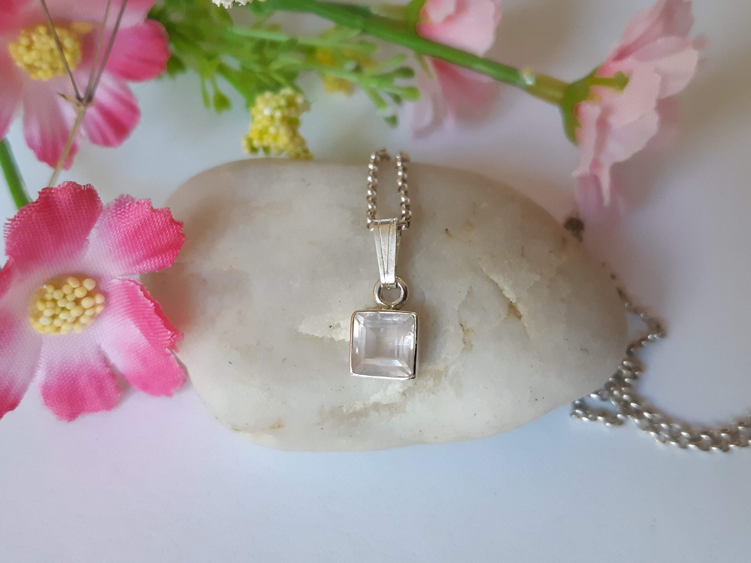Rose quartz pendant, faceted square gemstone, set in 92.5 sterling silver, silver chain option