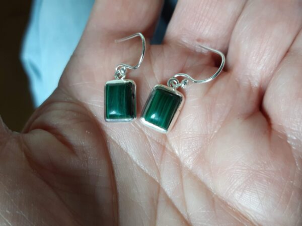 Green malachite gemstone earrings set in 92.5 sterling silver