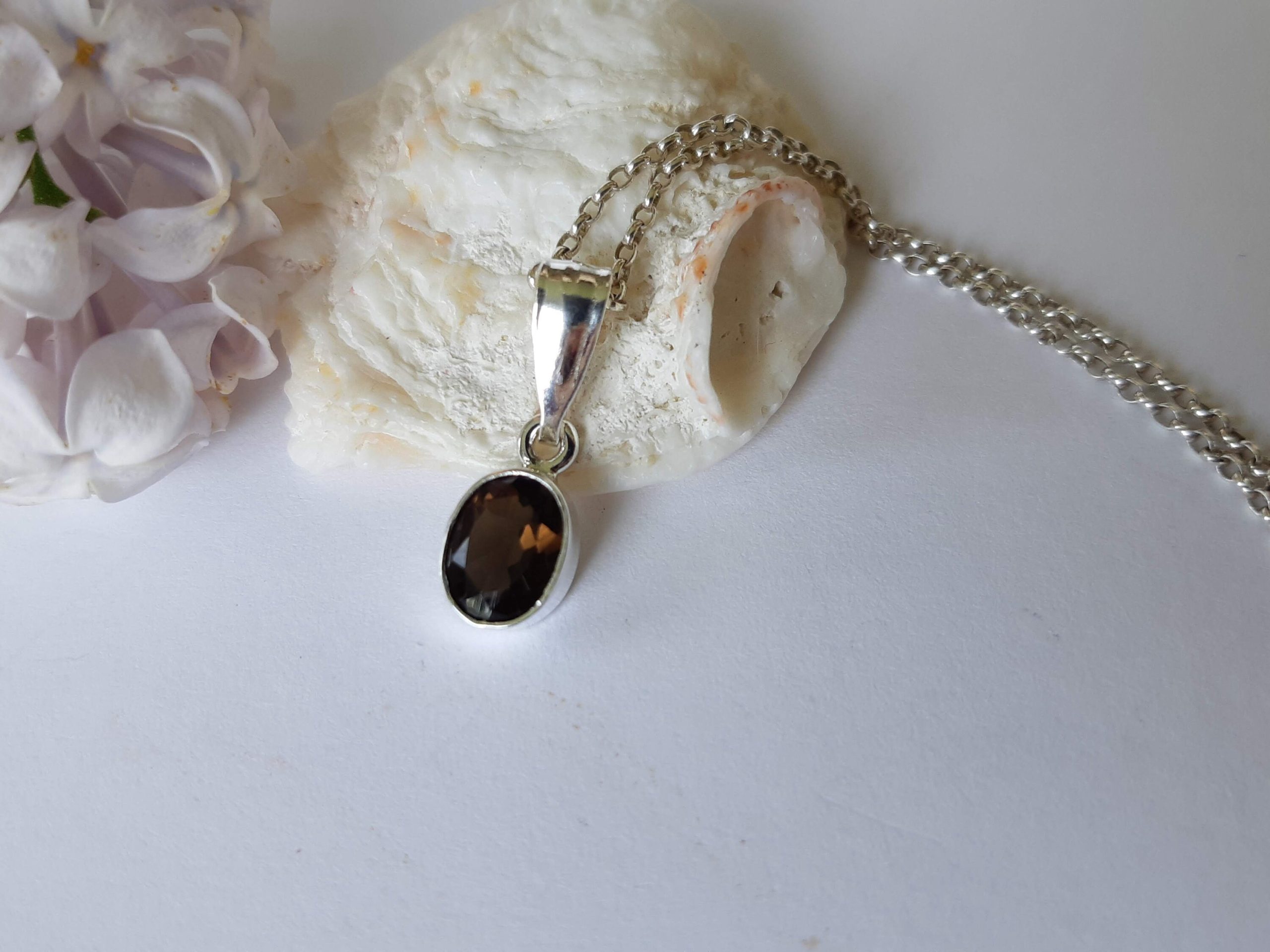 Smoky quartz pendant, oval faceted gemstone, 92.5 sterling silver, silver chain option