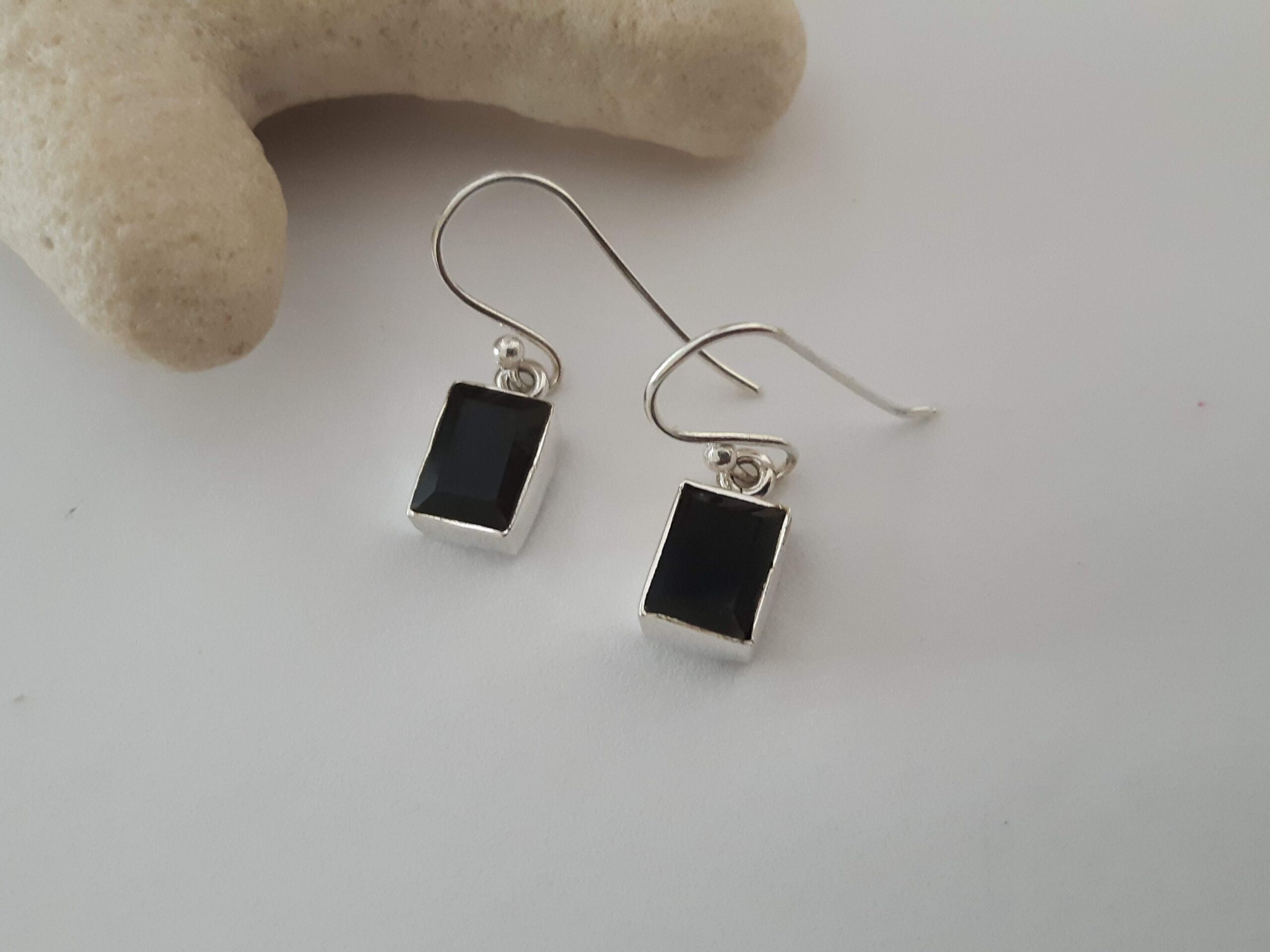 Black onyx earrings, faceted gemstone set in 92.5 sterling silver