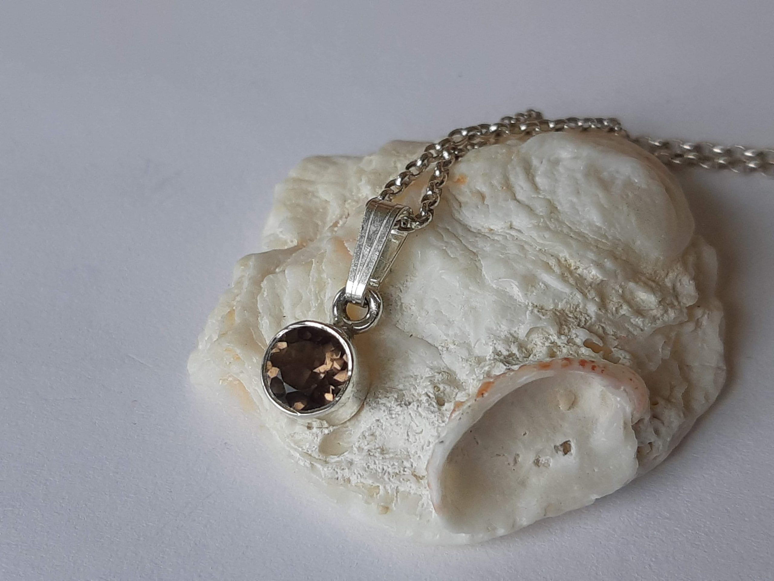 Smoky quartz round faceted pendant set in 92.5 sterling silver