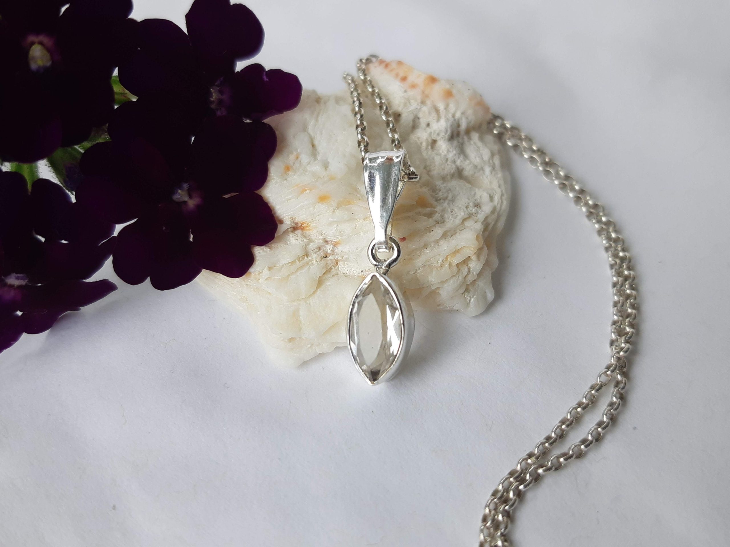 Faceted crystal quartz pendant, small delicate faceted gemstone, 92.5 sterling silver, silver chain option