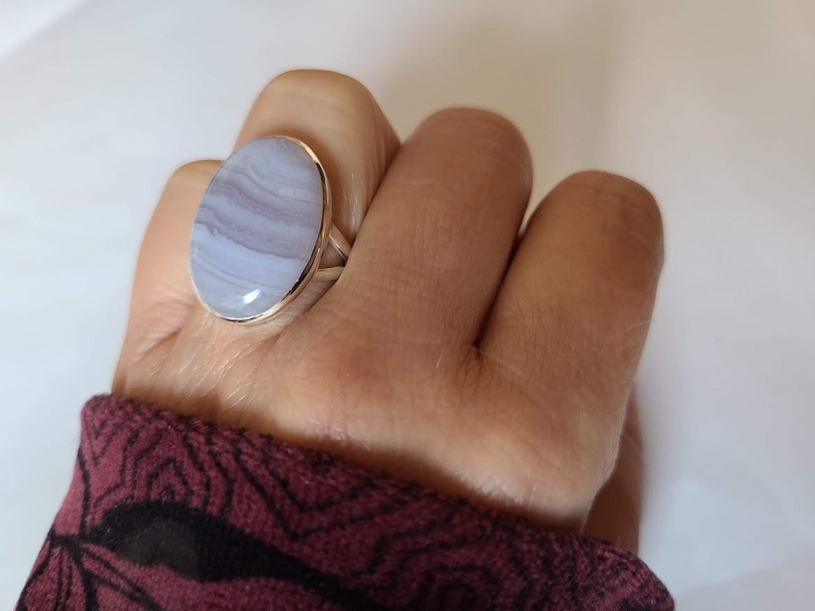 Blue lace agate ring, Size 7.5 (US/Canadian size), 92.5 sterling silver, oval unique handmade ring