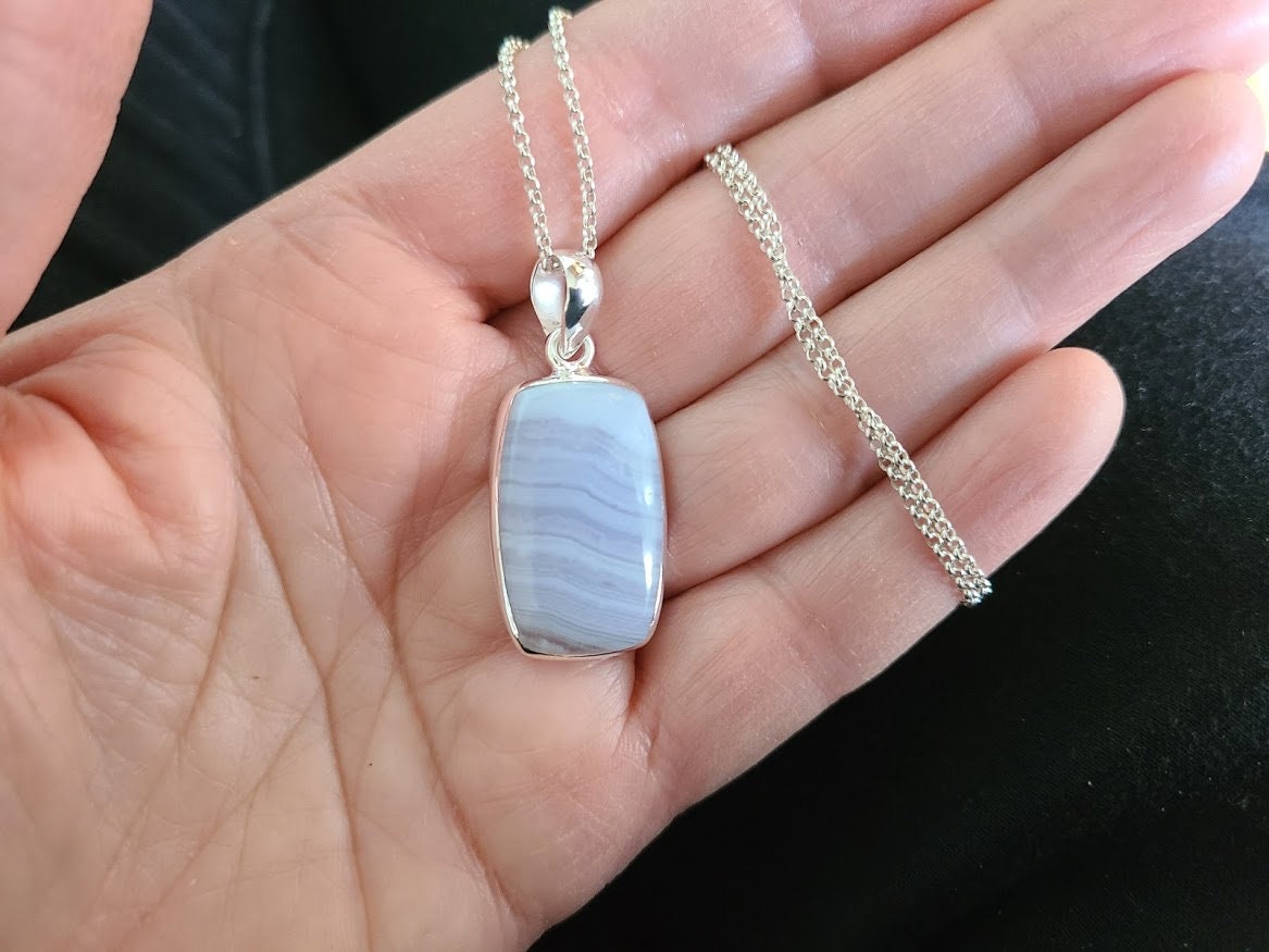 Blue lace agate pendant, genuine, 92.5 sterling silver