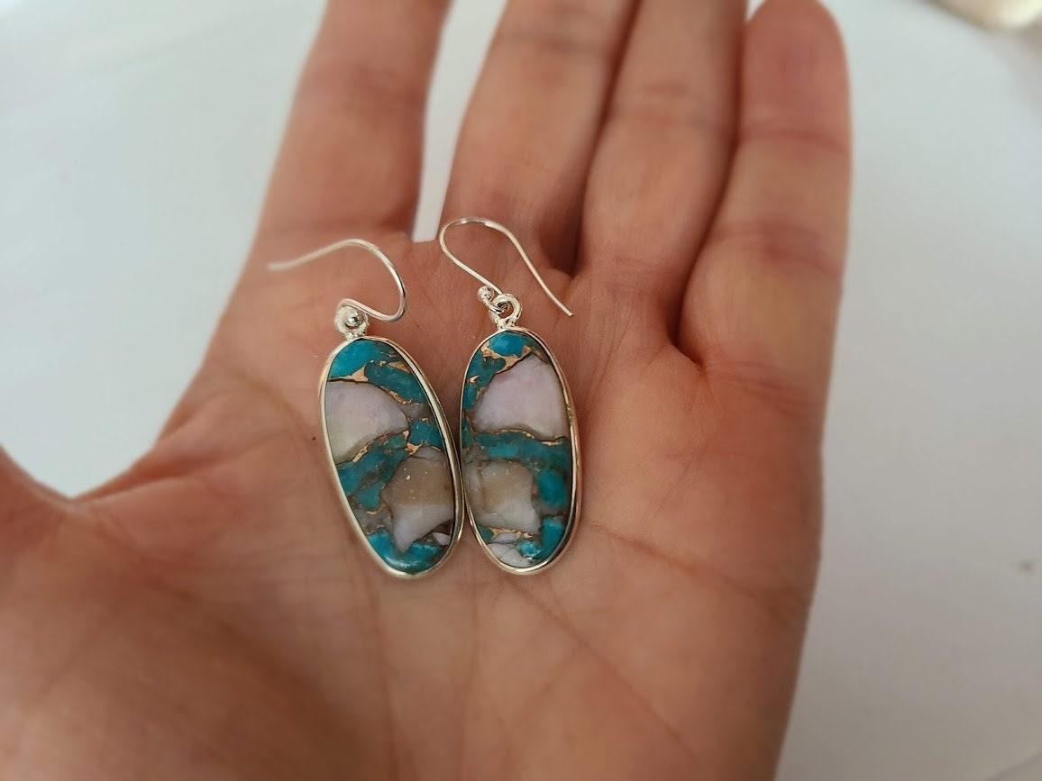 Oyster shell copper turquoise earring, handmade set in 92.5 sterling silver, spiny oyster turquoise