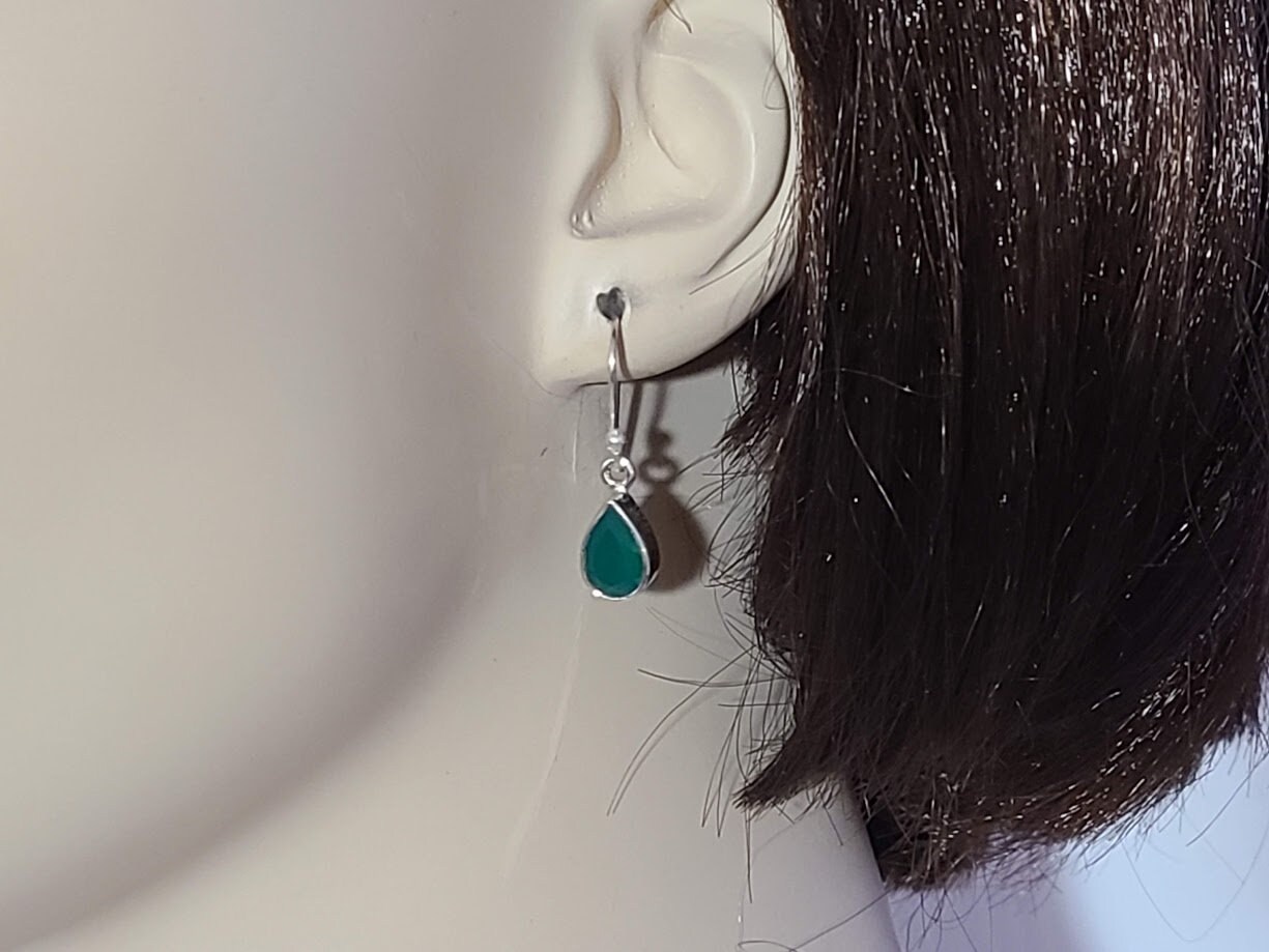 Silver green onyx faceted teardrop earrings; set in 92.5 sterling silver