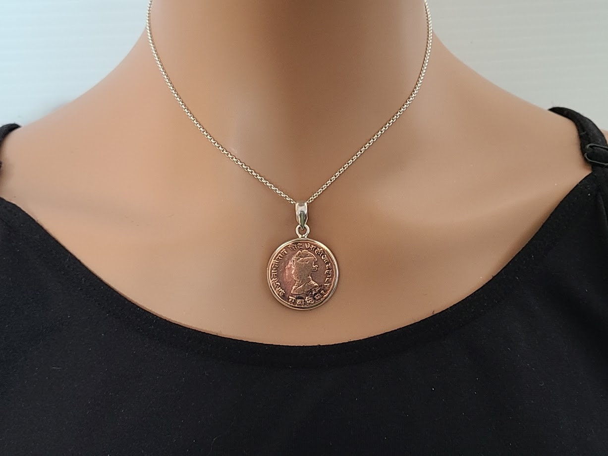 Antique coin pendant, India, set in 92.5 sterling silver, sterling silver chain option