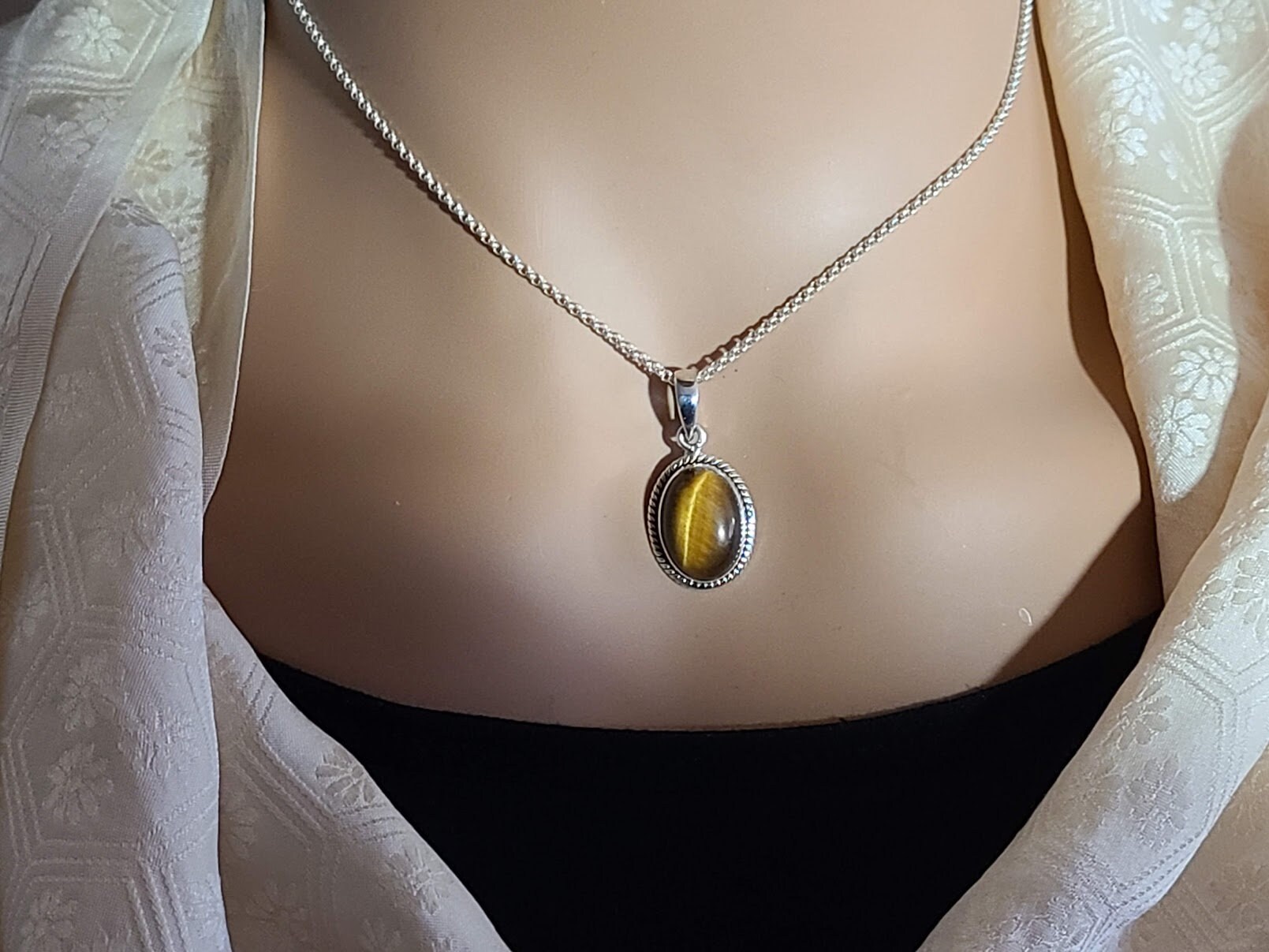 Tiger eye pendant, set in 92.5 sterling silver, sterling silver chain option