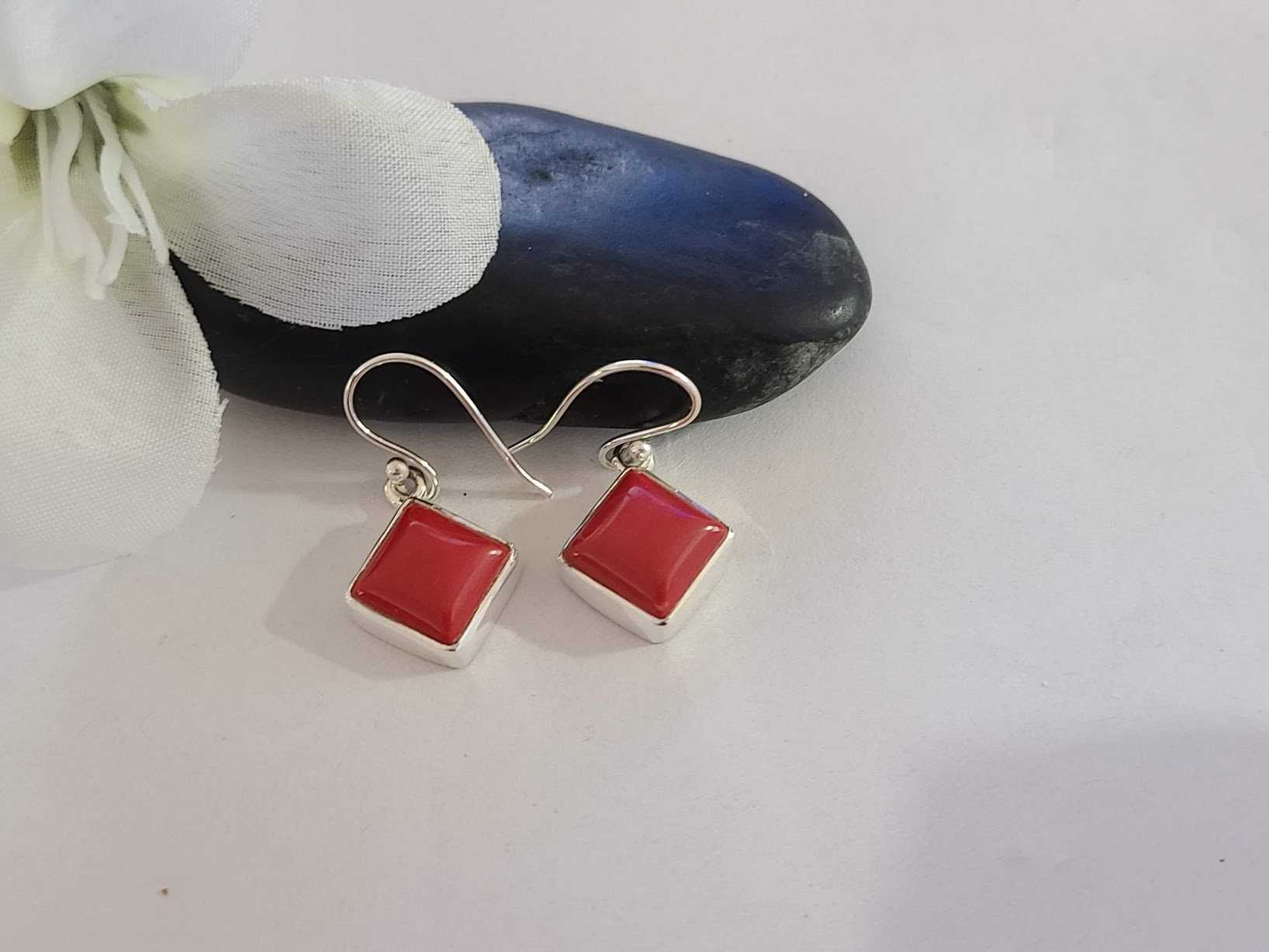 Square Red Coral earrings set in 92.5 sterling silver
