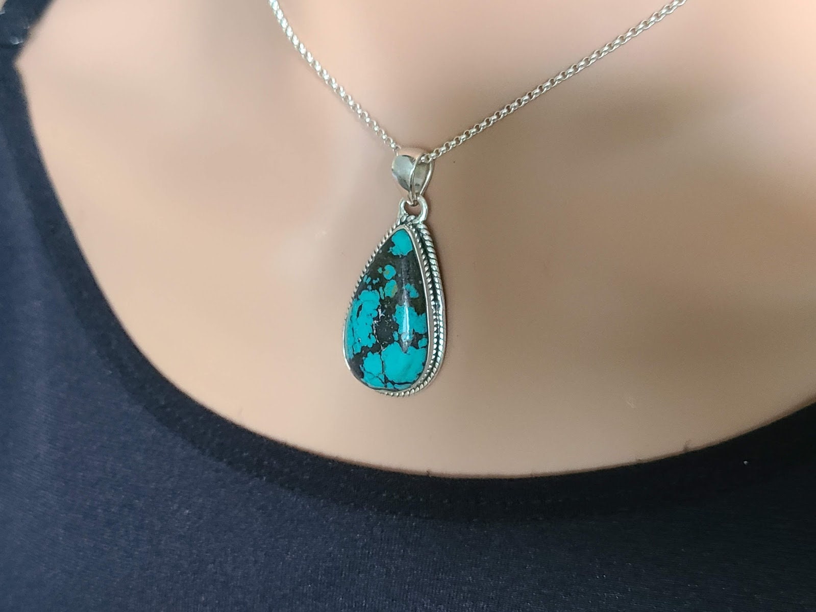 Turquoise pendant, unique, handmade, teardrop, set in 92.5 sterling silver