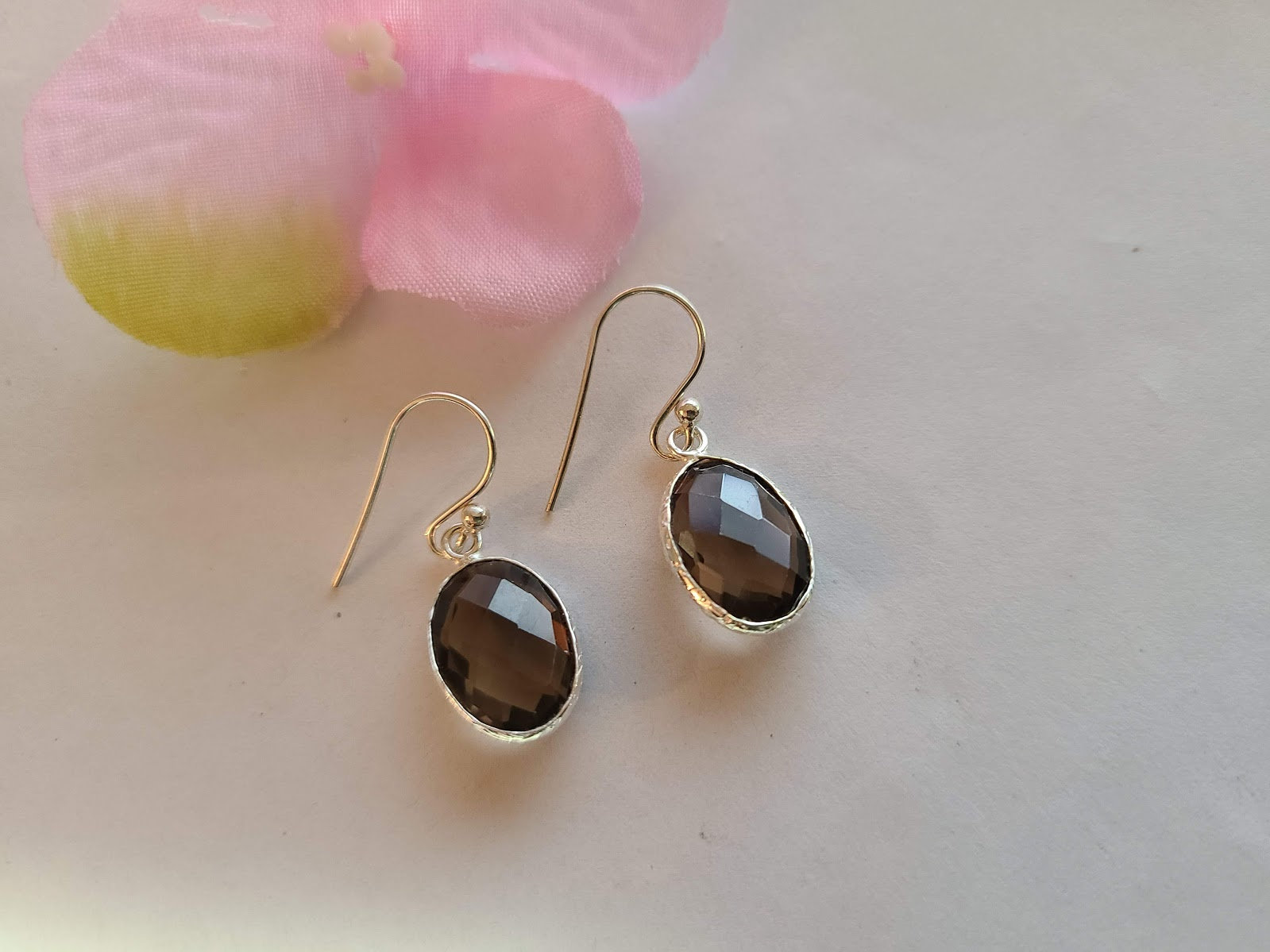 Smoky quartz earrings, faceted gemstones, hammered silver, set in 92.5 sterling silver