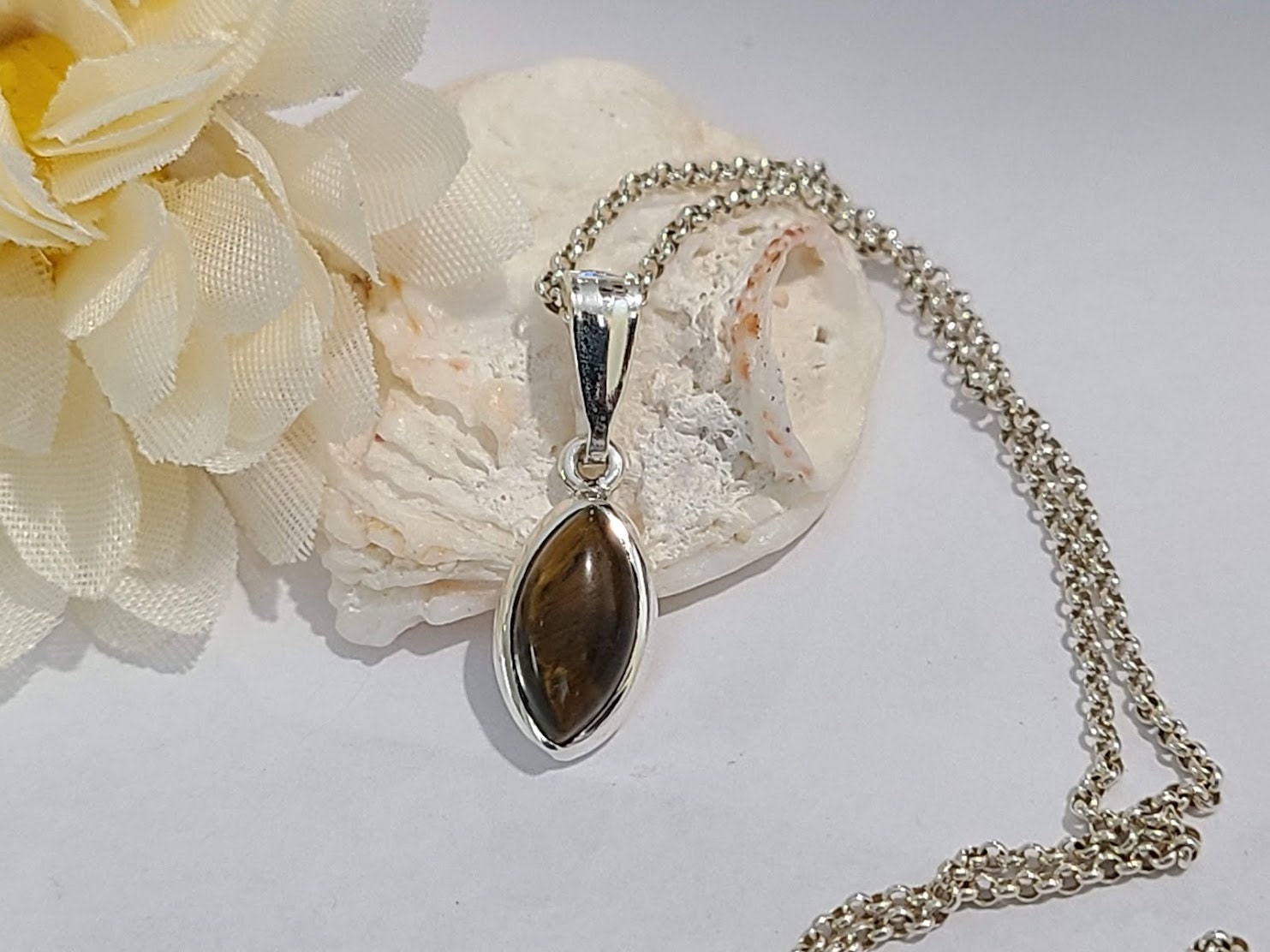 Small tiger eye pendant, set in 92.5 sterling silver, marquise pendant, silver chain option