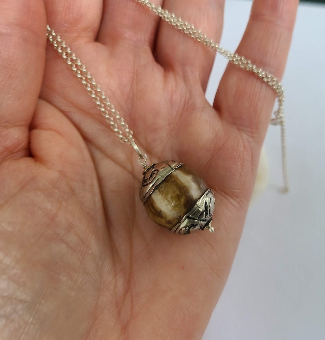Pumtek bead pendant, Burmese, sterling silver chain option