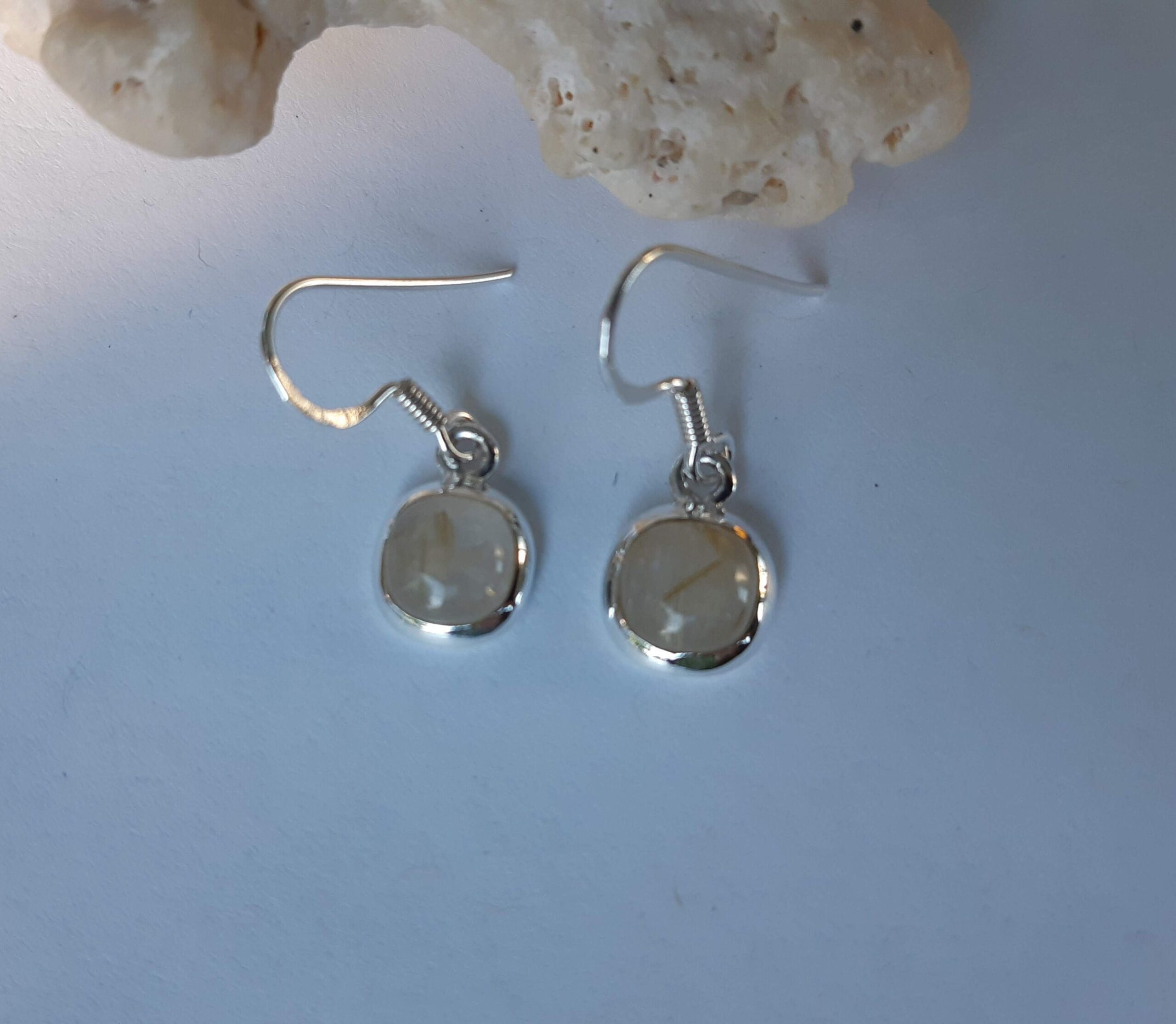 Rutilated quartz earrings; set in 92.5 sterling silver, square rutile quartz, ear hook option *