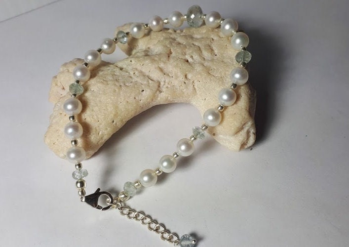 Pearl and genuine aquamarine bracelet, (freshwater pearls) with 92.5 sterling silver beads, clasp and chain