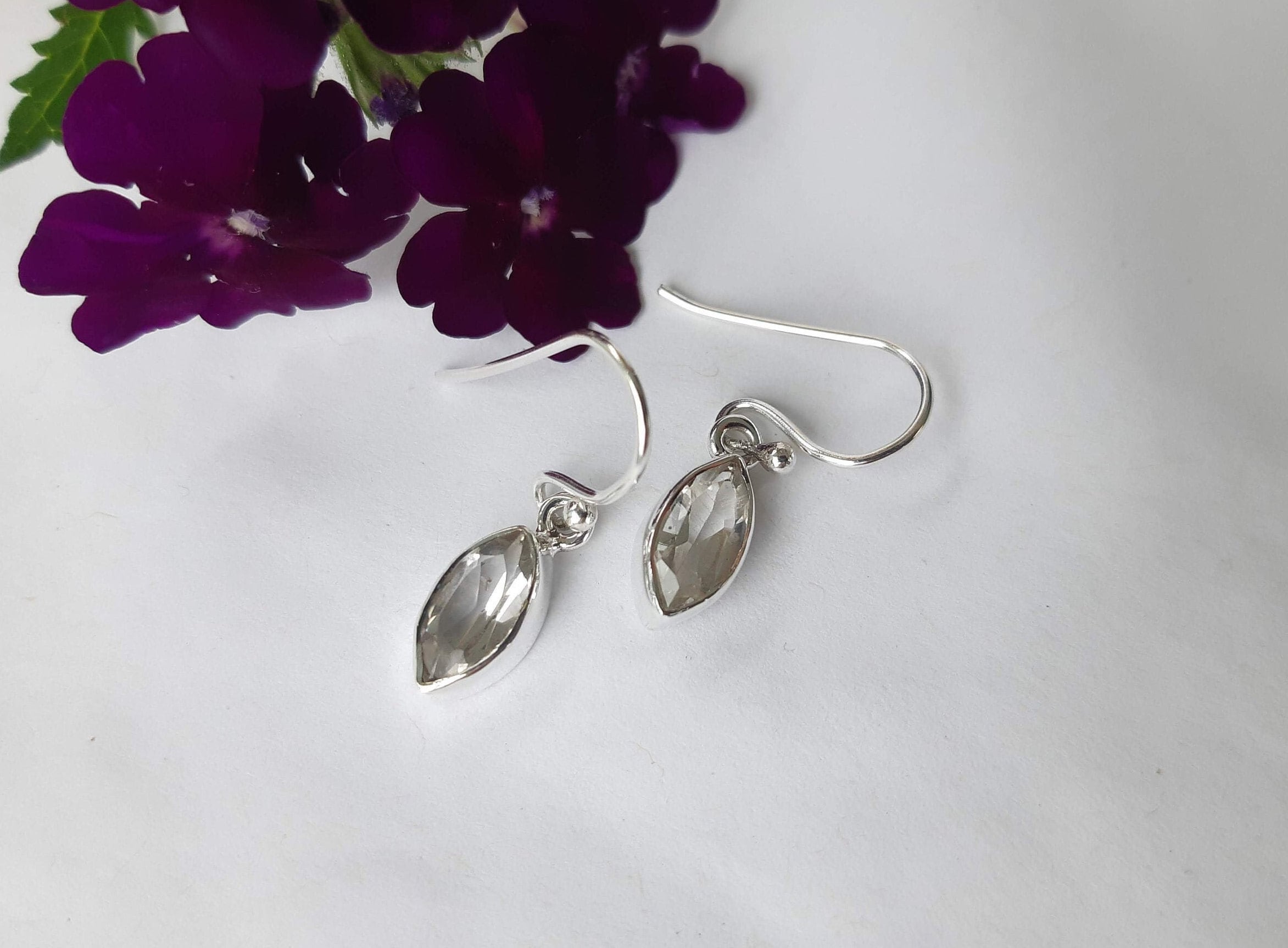 Faceted crystal quartz earrings, small marquise faceted gemstone, set in 92.5 sterling silver