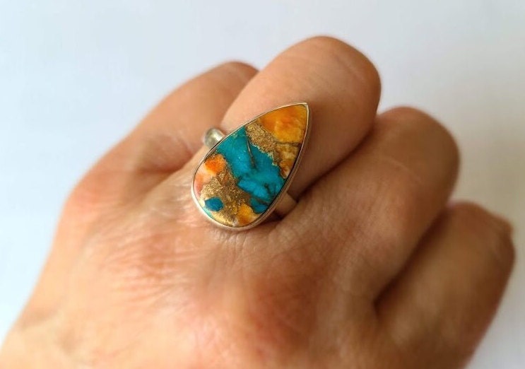 Oyster copper turquoise ring, size 8.25 (US/Canadian size), set in 92.5 sterling silver, unique, boho ring