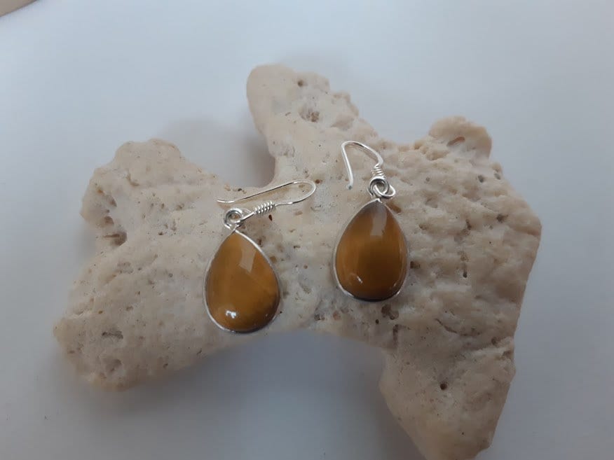 Silver tiger eye earrings, teardrop gemstone, 92.5 sterling silver, ear hook option
