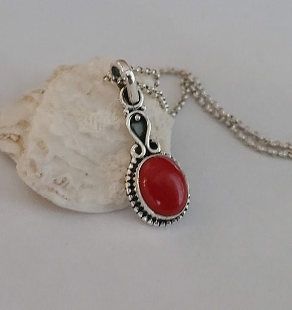 Red coral pendant, set in 92.5 sterling silver, silver chain option