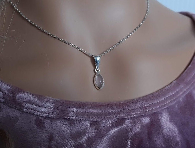Small rose quartz pendant,marquise, cabochon gemstone, set in 92.5 sterling silver, silver chain option