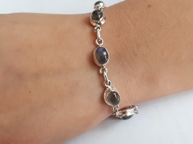 Labradorite bracelet, oval gemstones set in 92.5 sterling silver, adjusts 7. to 7.5 inches *