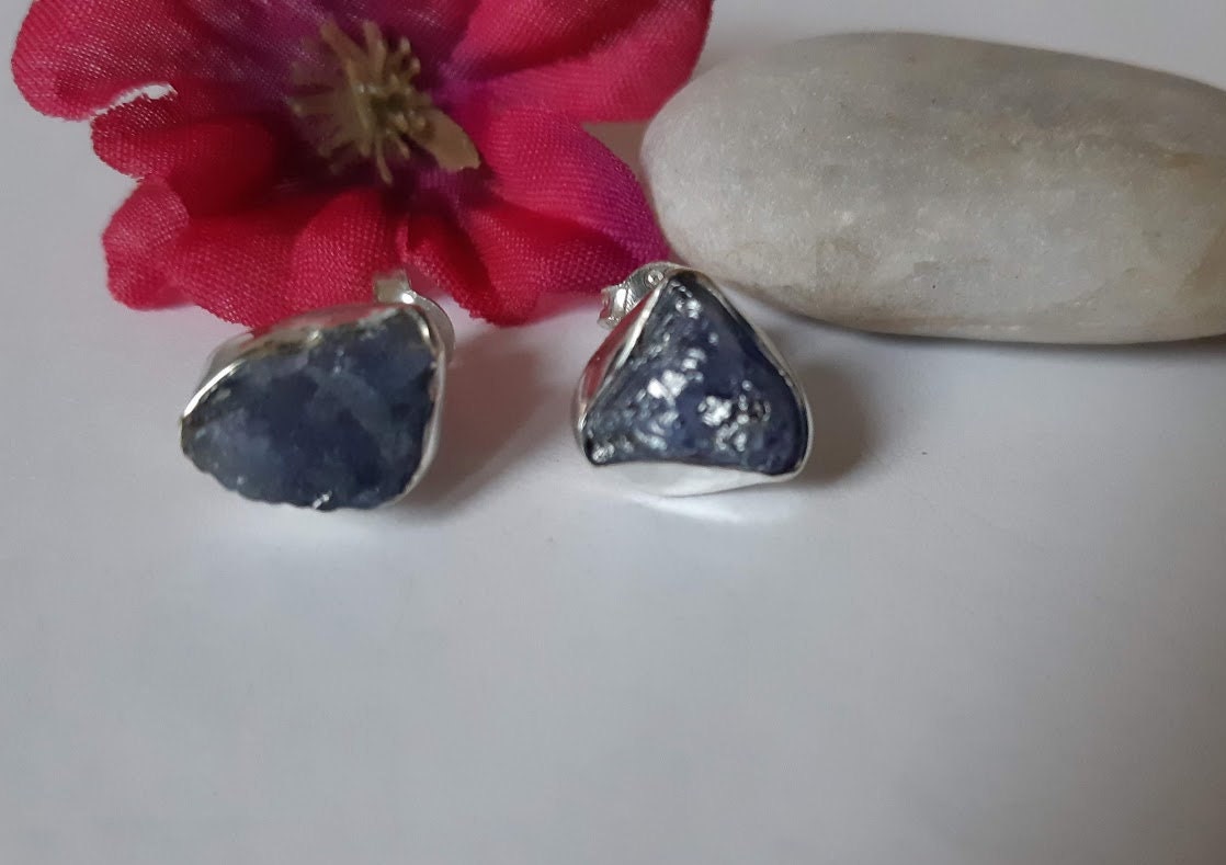Exquisite Handmade Raw Tanzanite Stud Earrings: 92.5 Sterling Silver Beauty