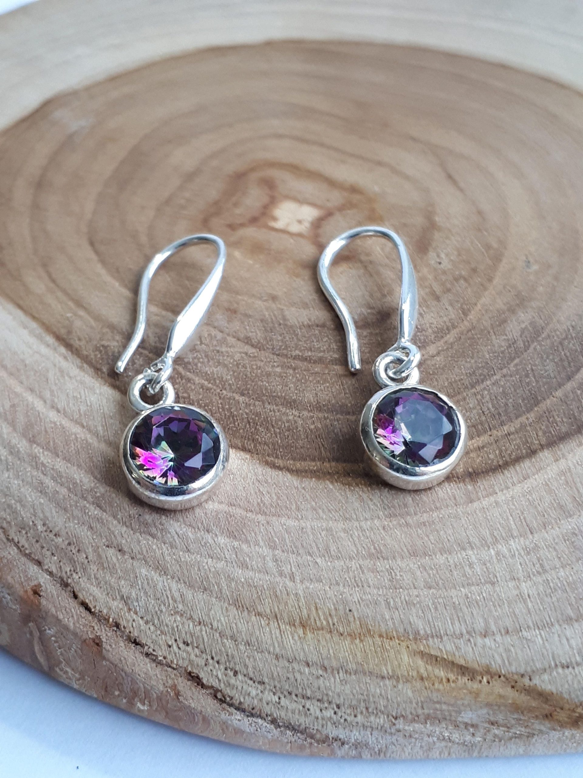 Mystic topaz earrings set in 92.5 sterling silver,faceted round gemstones
