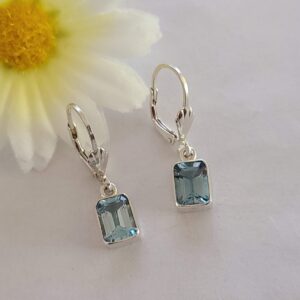 Blue topaz earrings, faceted rectangular shape, 92.5 sterling silver, leverbcak hooks,handmade