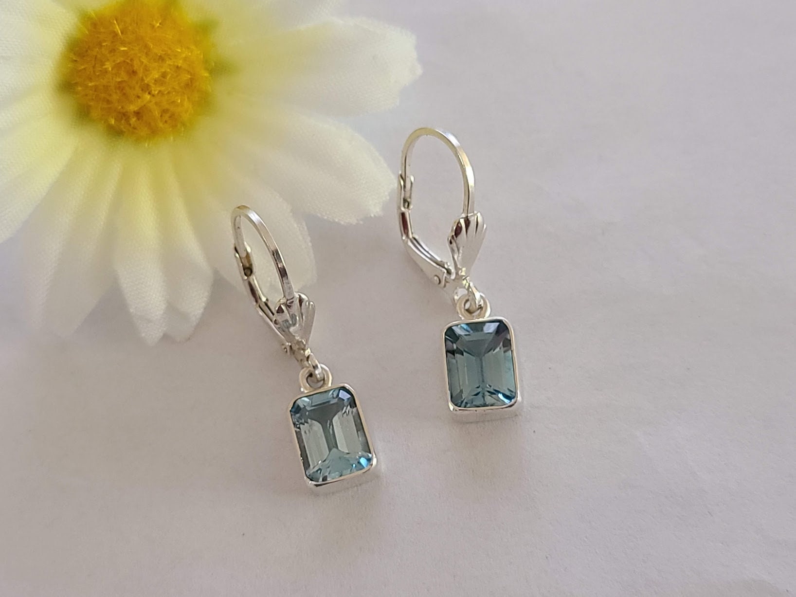 Blue topaz earrings, faceted rectangular shape, 92.5 sterling silver, leverbcak hooks,handmade