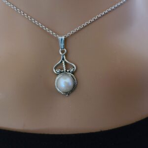 Freshwater pearl pendant; sterling 92.5, round white pearl pendant, silver chain option