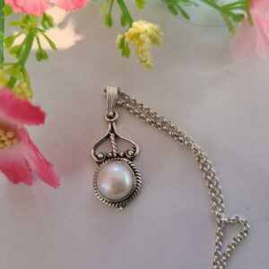 Freshwater pearl pendant; sterling 92.5, round white pearl pendant, silver chain option