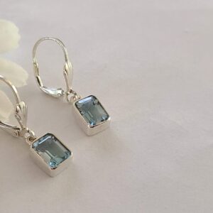 Blue topaz earrings, faceted rectangular shape, 92.5 sterling silver, leverbcak hooks,handmade
