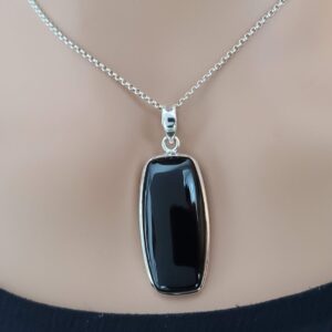 Black onyx pendant set in 92.5 sterling silver, handmade, rectangular gemstone, silver chain option