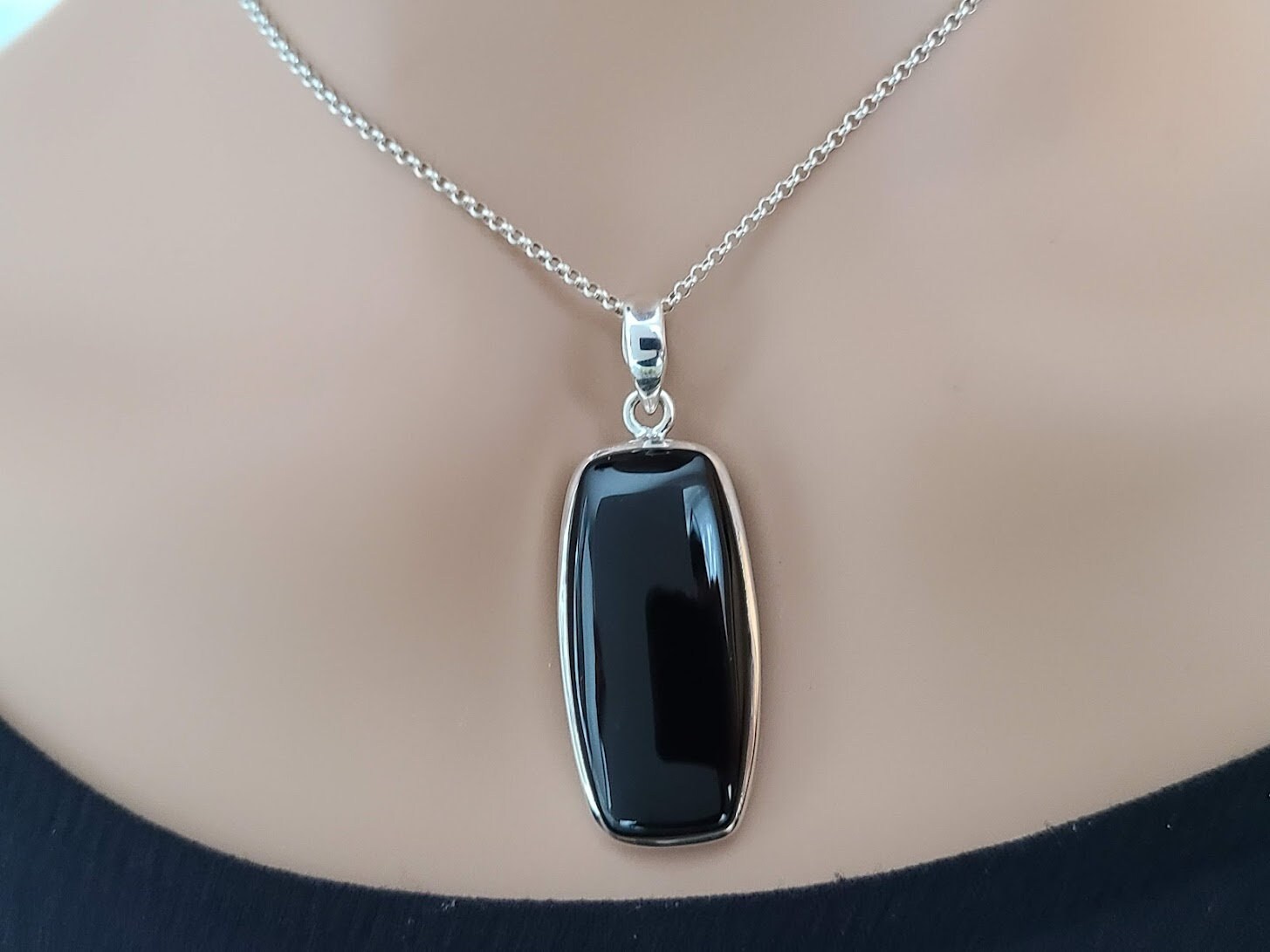 Black onyx pendant set in 92.5 sterling silver, handmade, rectangular gemstone, silver chain option