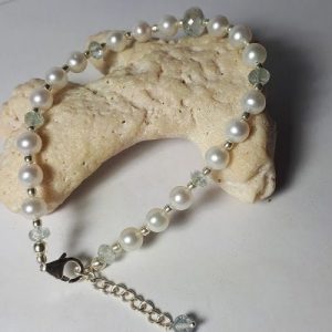 Pearl and genuine aquamarine bracelet, (freshwater pearls) with 92.5 sterling silver beads, clasp and chain