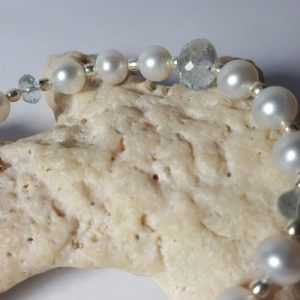 Pearl and genuine aquamarine bracelet, (freshwater pearls) with 92.5 sterling silver beads, clasp and chain
